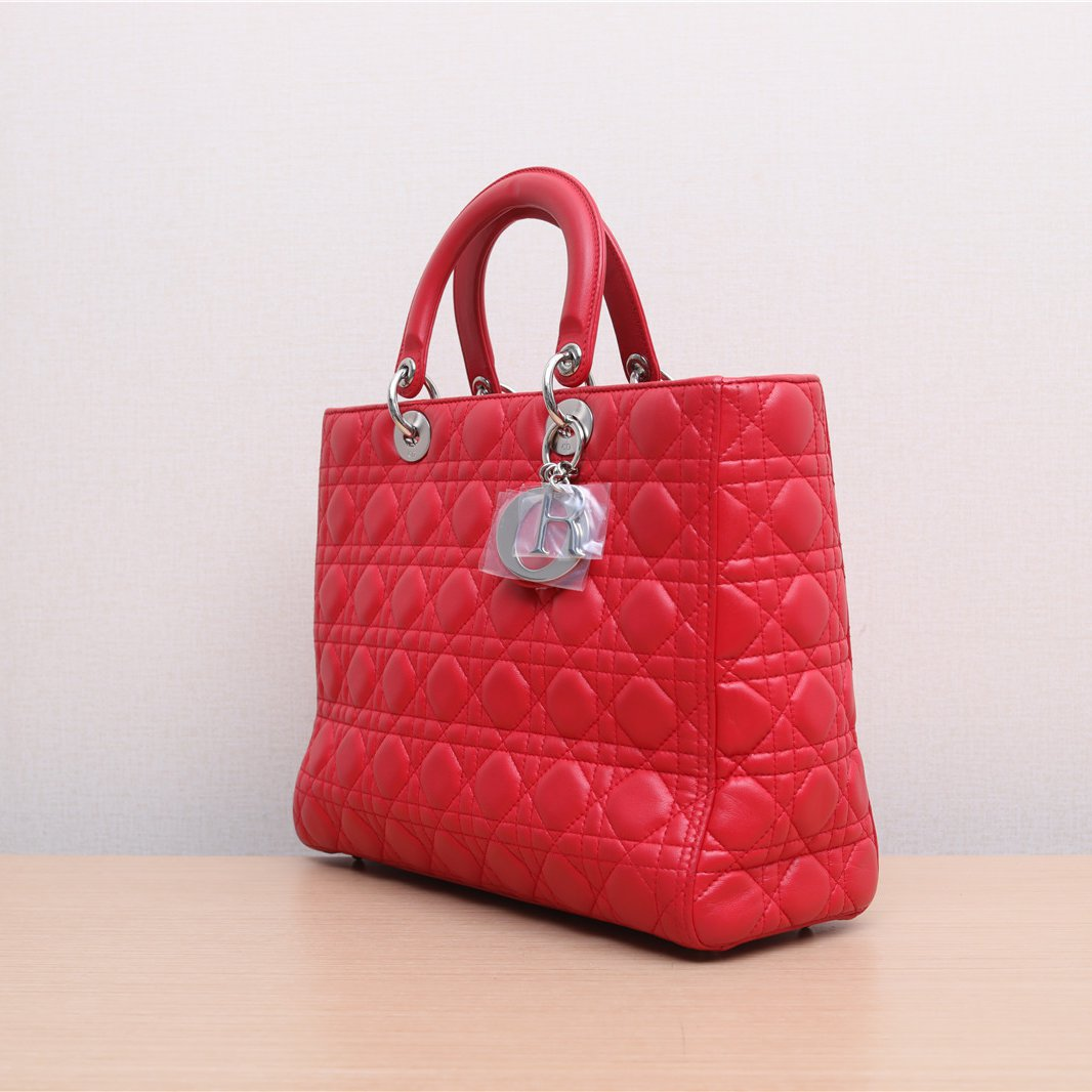 Dior Lady Dior CD Charm Hand Tote Bag in red leather