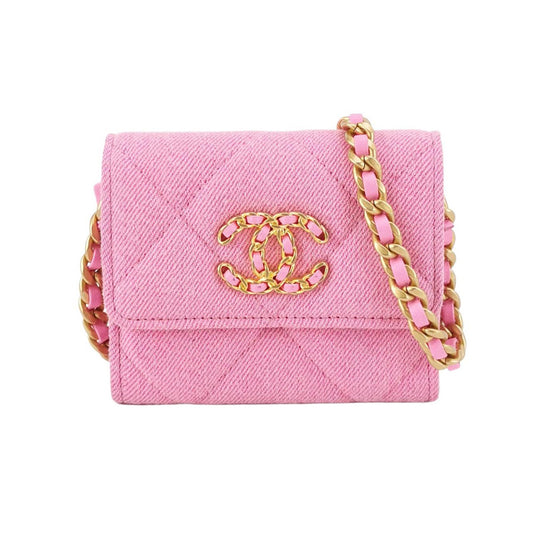 CHANEL 19 Flap Coin Purse With Chain Quilted Denim Pink