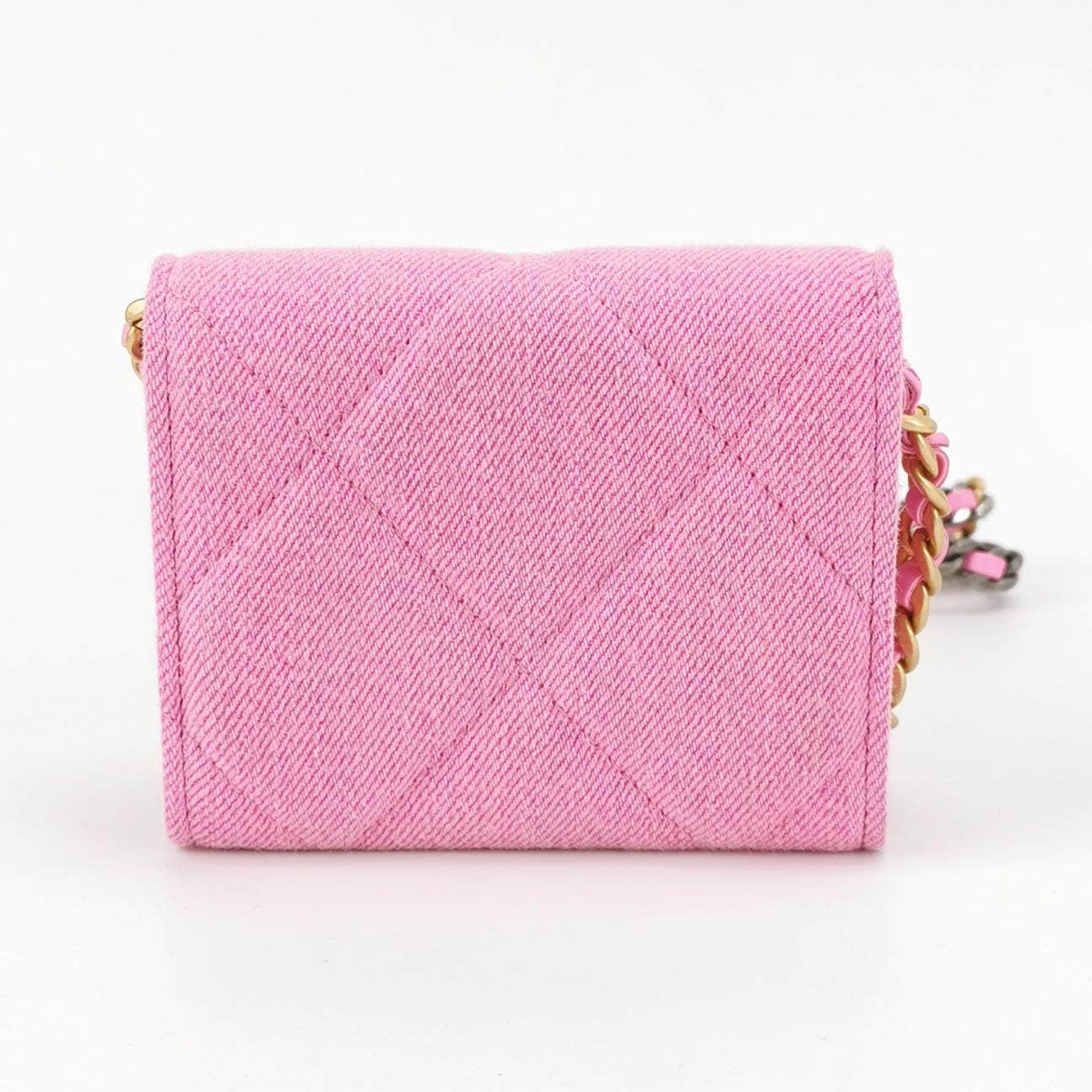CHANEL 19 Flap Coin Purse With Chain Quilted Denim Pink