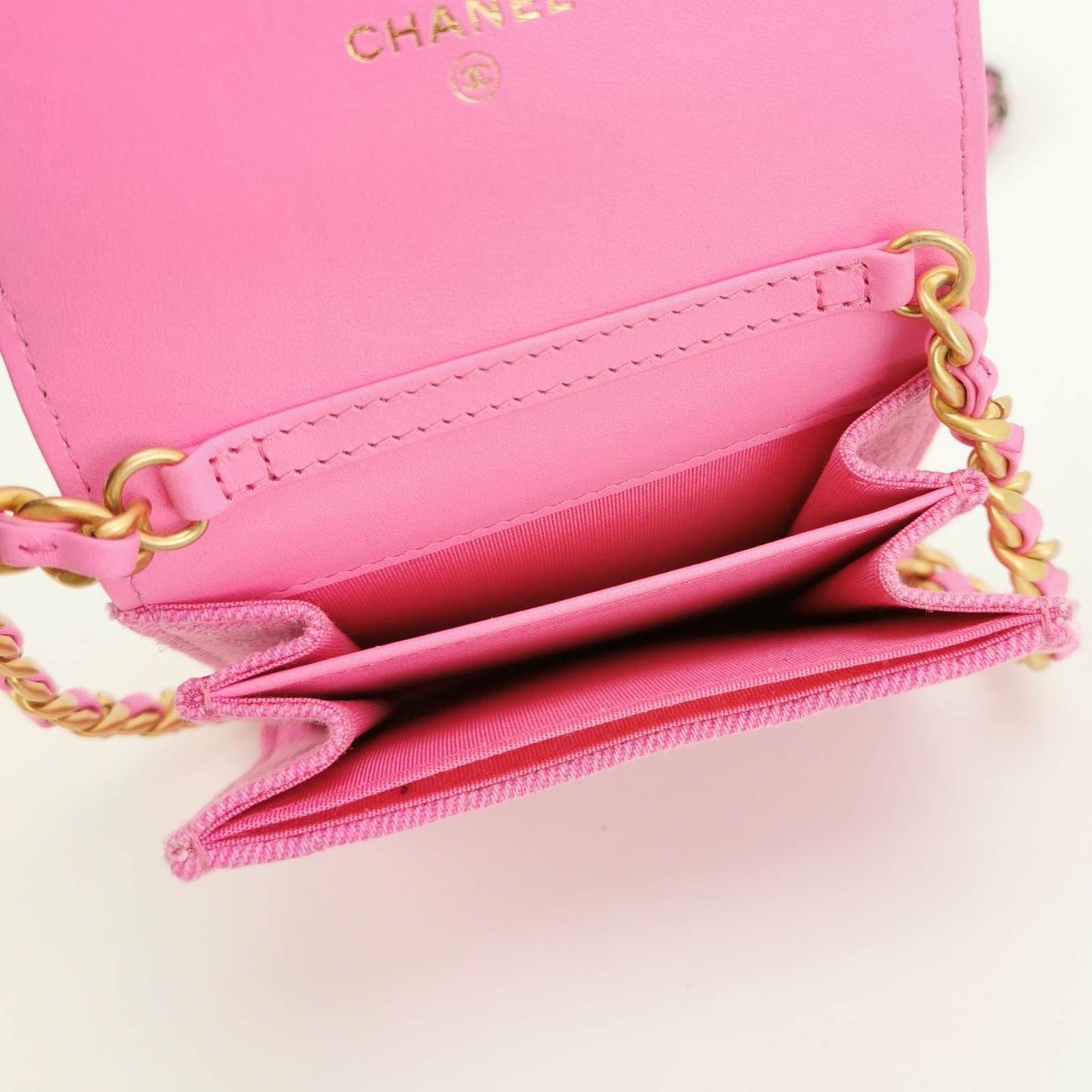 CHANEL 19 Flap Coin Purse With Chain Quilted Denim Pink