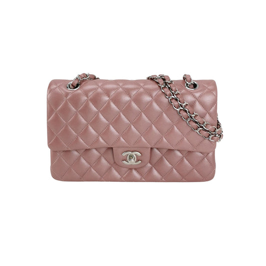 CHANEL Classic Medium Double Flap Iridescent Mauve Lambskin with silver hardware