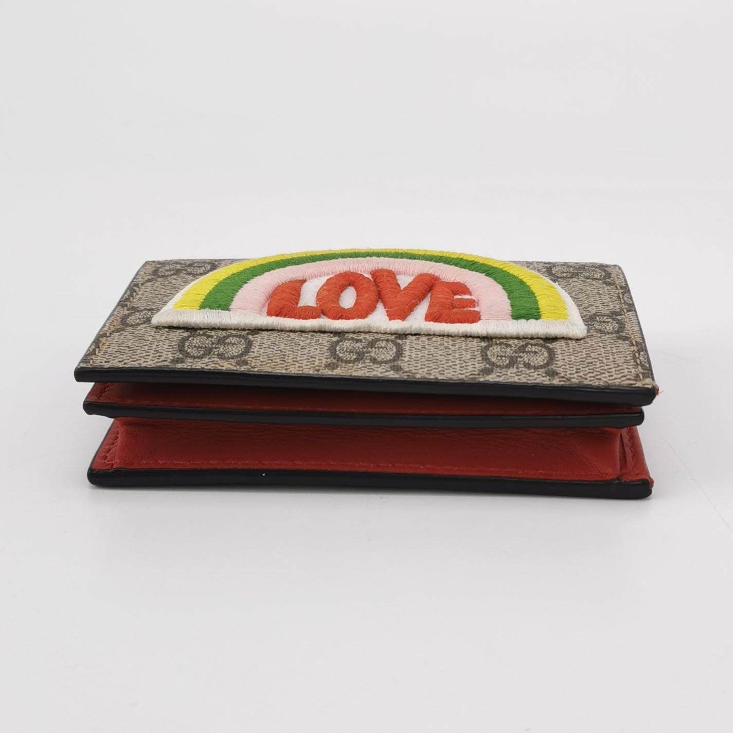Gucci Card Case Wallet GG Supreme Rainbow Beige/Hibiscus Red