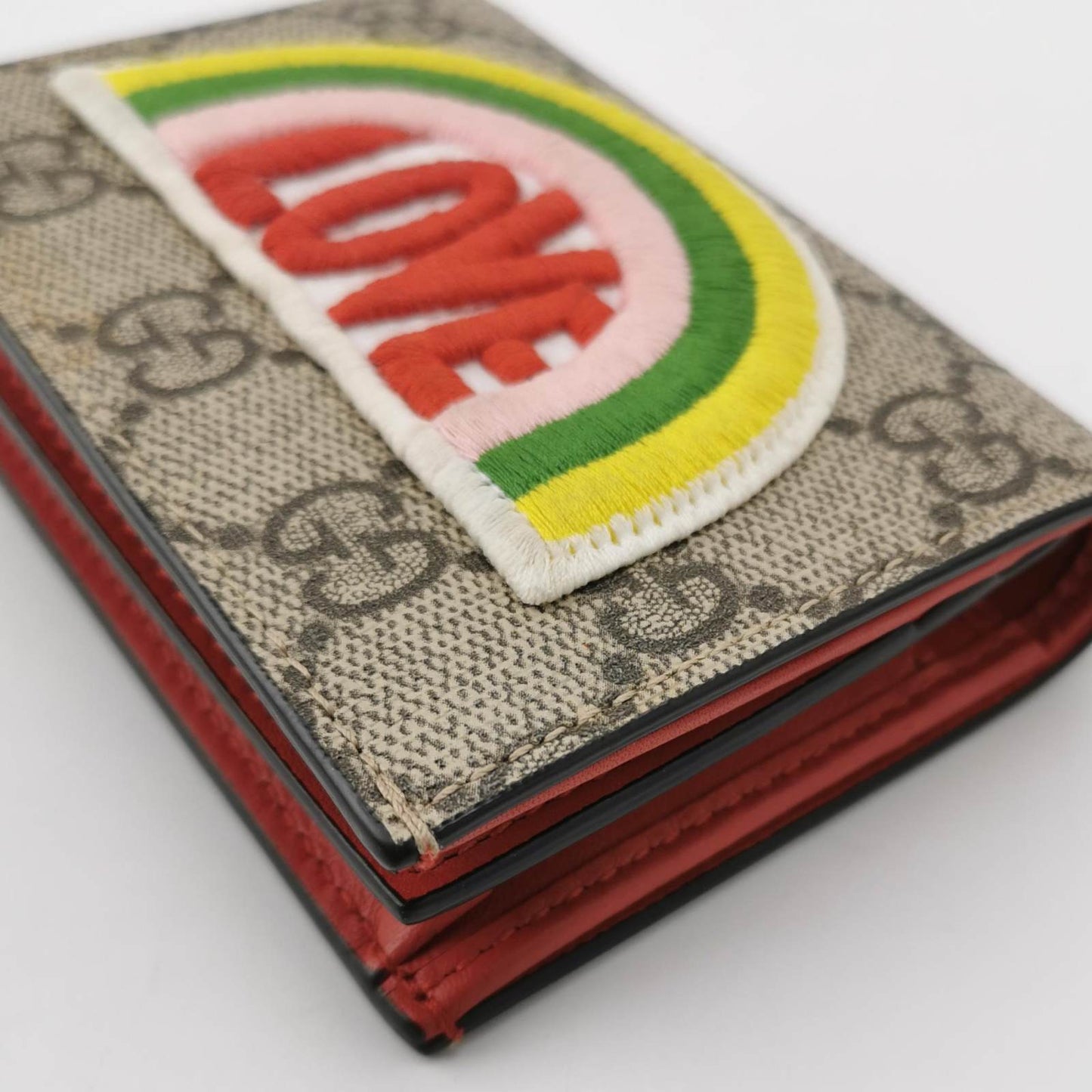 Gucci Card Case Wallet GG Supreme Rainbow Beige/Hibiscus Red