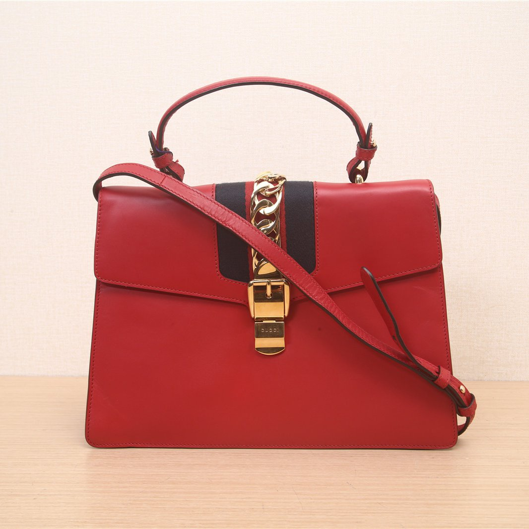GUCCI Red Leather Vintage Web Medium Sylvie Shoulder Bag