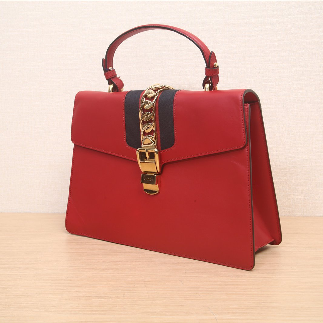 GUCCI Red Leather Vintage Web Medium Sylvie Shoulder Bag
