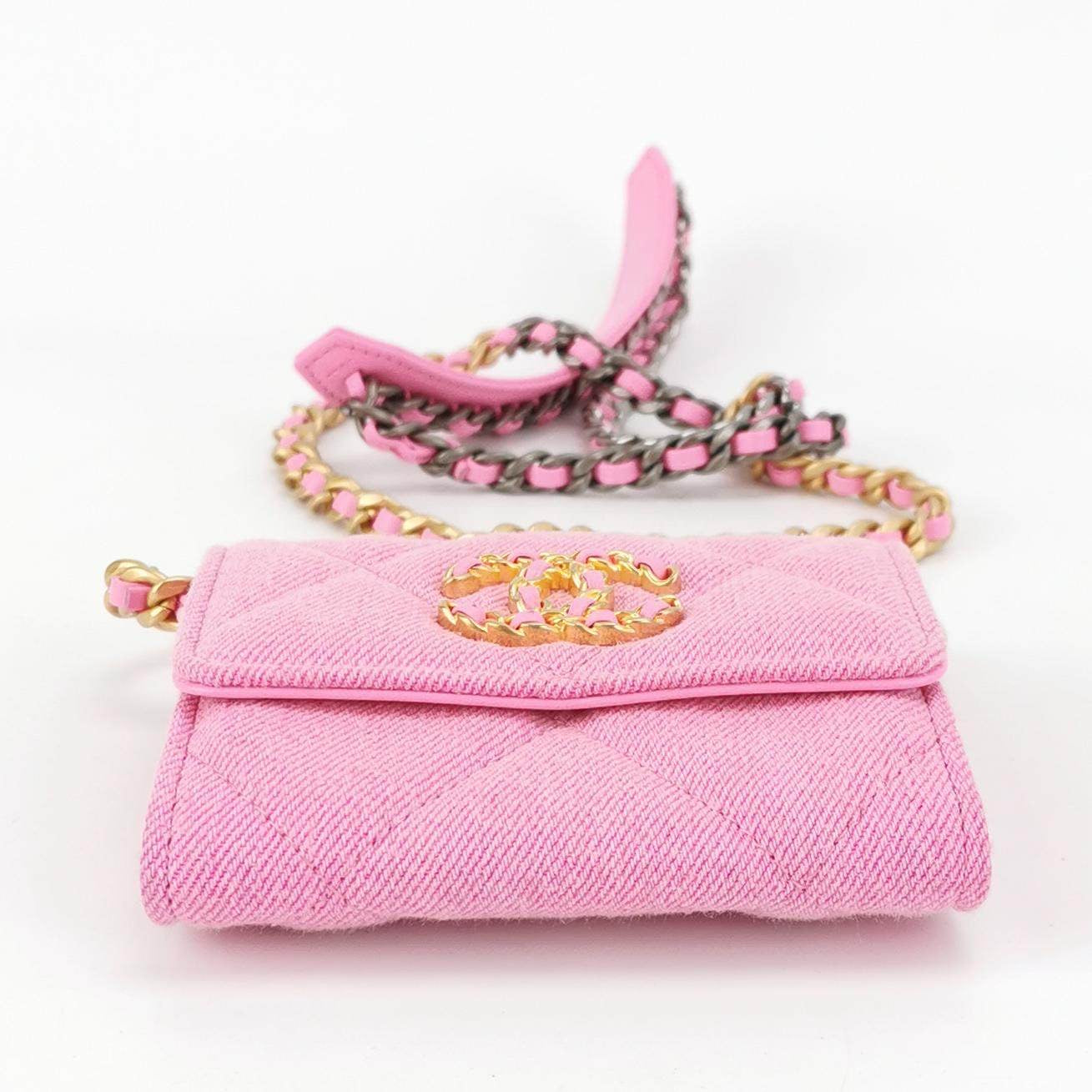 CHANEL 19 Flap Coin Purse With Chain Quilted Denim Pink