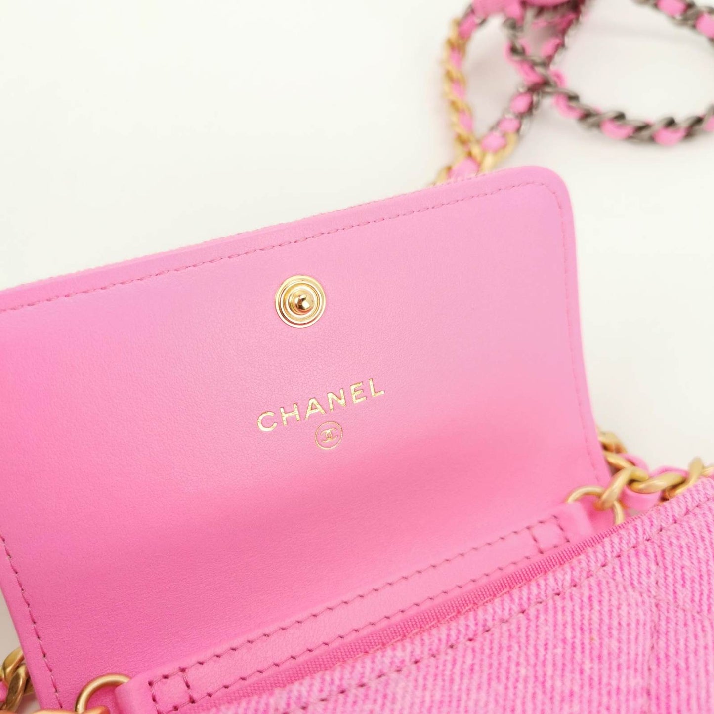 CHANEL 19 Flap Coin Purse With Chain Quilted Denim Pink
