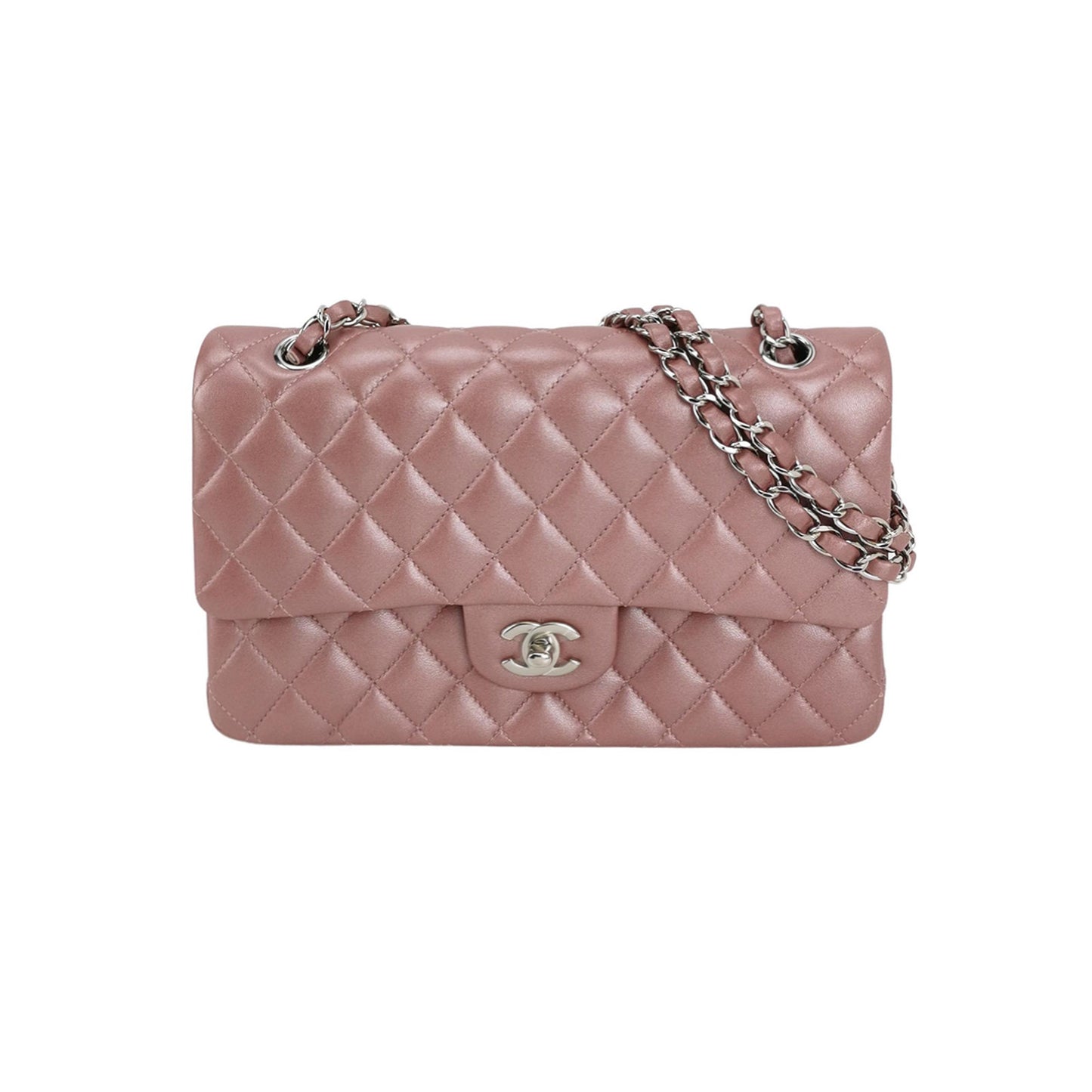 CHANEL Classic Medium Double Flap Iridescent Mauve Lambskin with silver hardware
